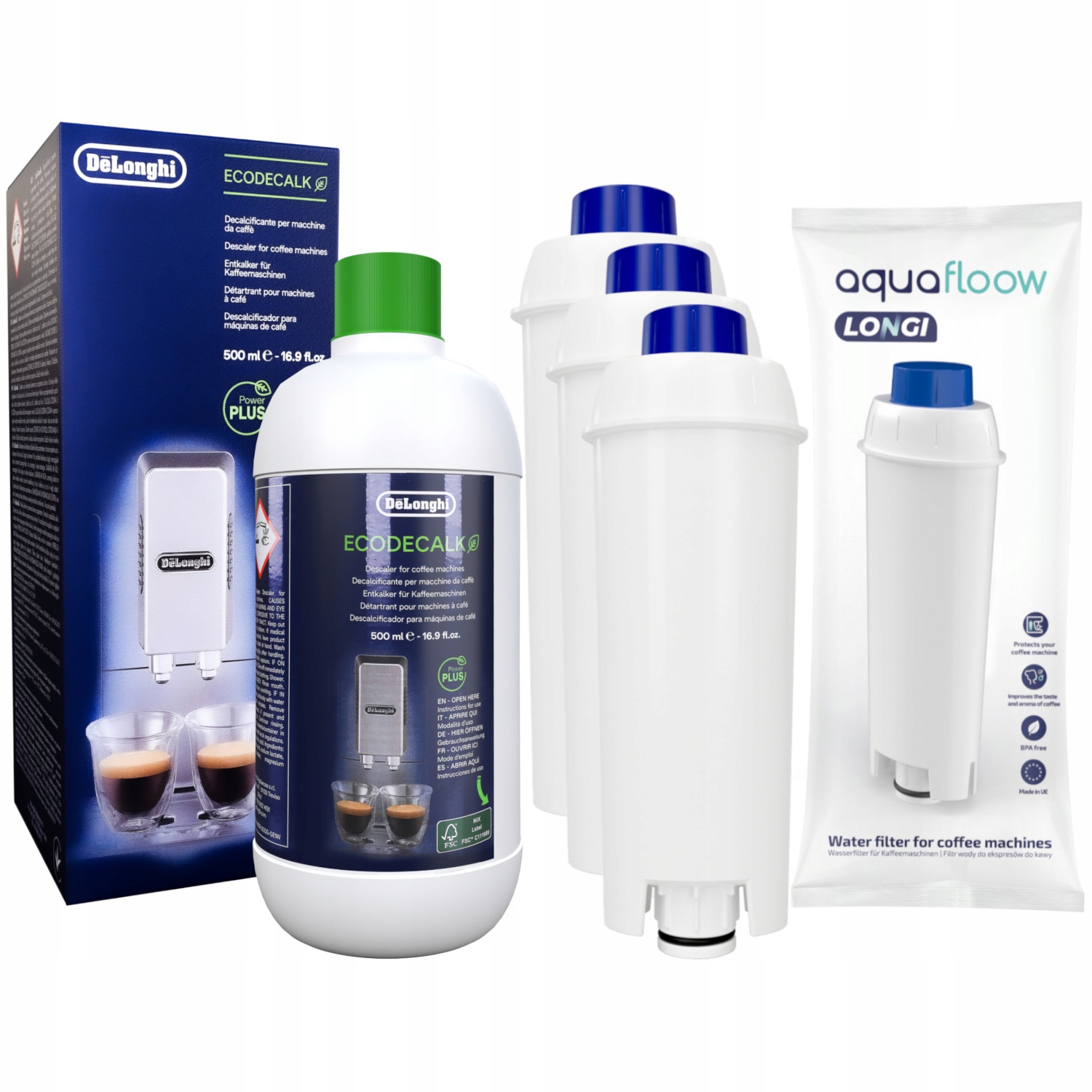 Delonghi odstraňovač vodného kameňa 0,5l + 3x vodný filter AquaFloow do kávovaru Delonghi